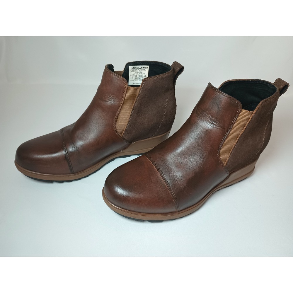 Sorel Evie Chelsea Boots Womens 8.5 Brown Leather Suede Wedge Capsule Wardrobe
